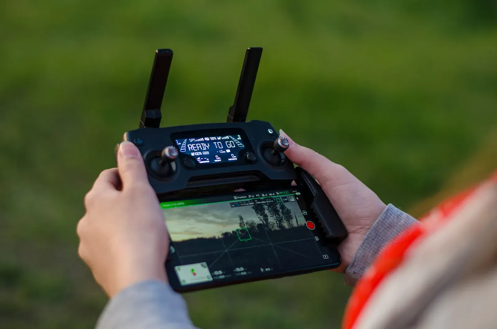 Close-up of a drone remote controller and radio equipment