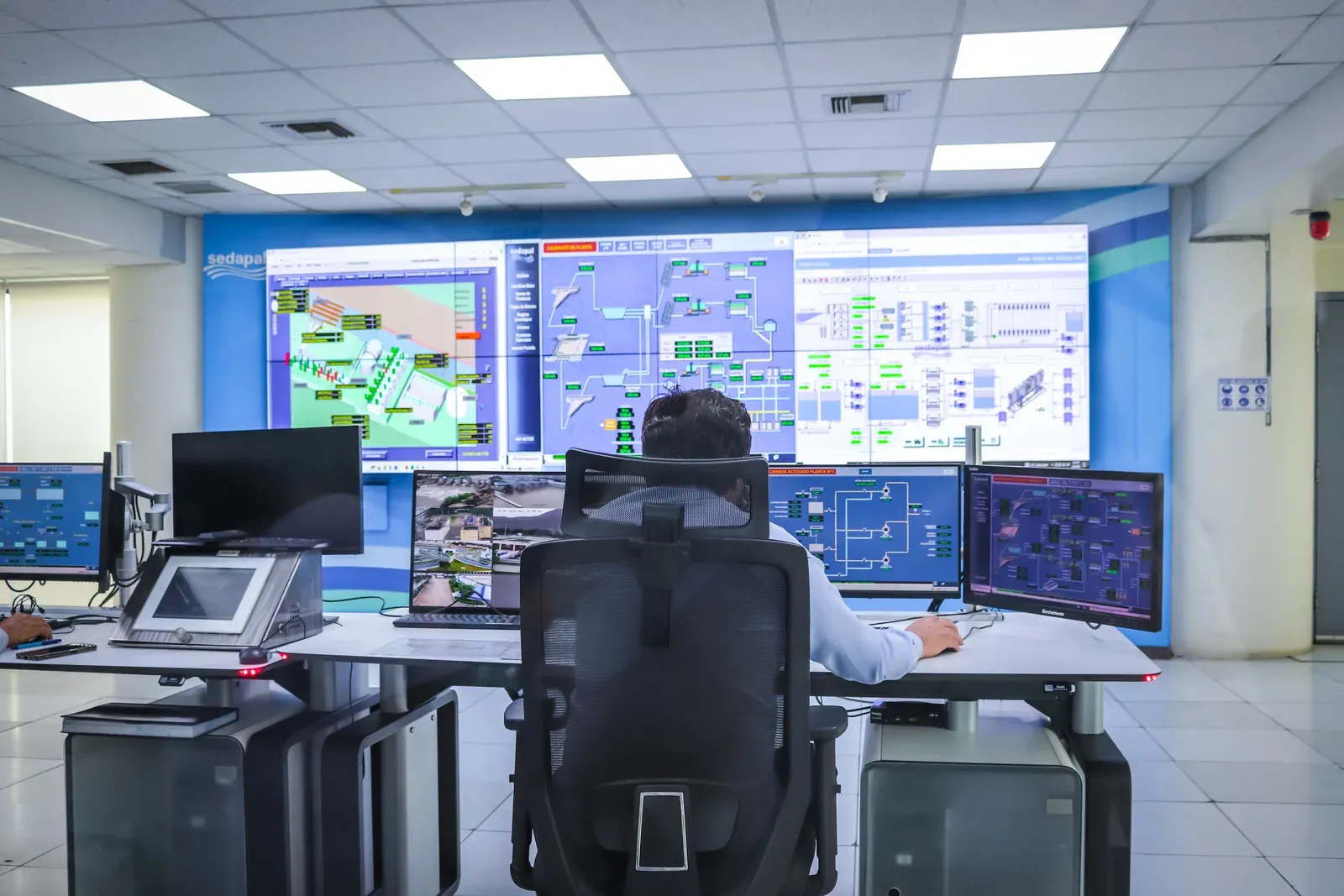 Sala de comando e controle com operadores monitorando telas de vigilância