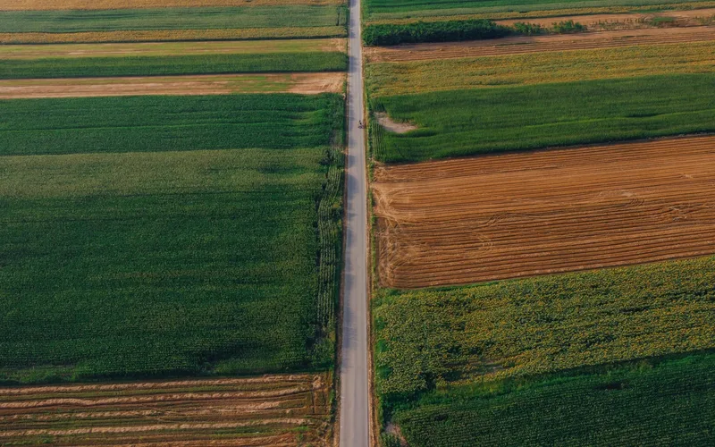 Drone agrícola pulverizando lavoura em grande propriedade rural