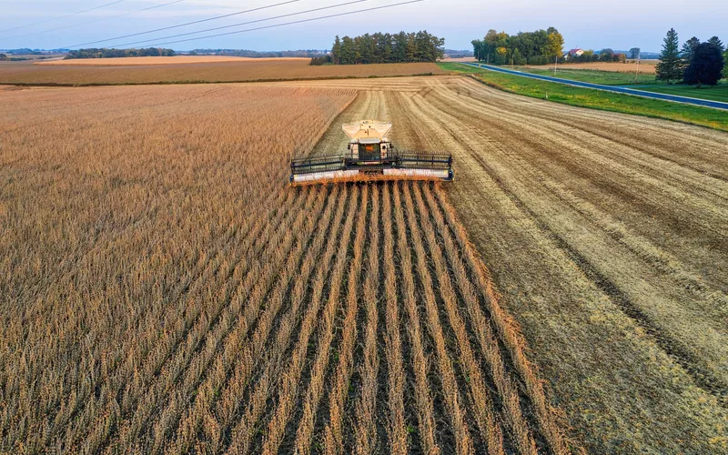 Drone agrícola de pulverização sobrevoando lavoura de soja